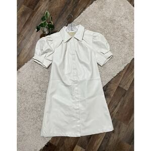 Aureum XS Cream Ivory Puff Sleeve Button Front Vegan Leather Tessa Mini Dress